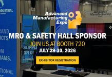 Action Industrial Supply at Michigan’s Advanced Manufacturing Expo Expo booth with banners for Advanced Manufacturing Expo, highlighting MRO & Safety Hall sponsorship, booth 720, event dates July 29-30, 2026, and an exhibitor registration button.