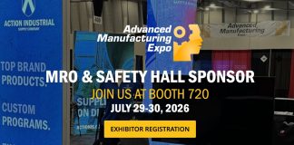 Action Industrial Supply at Michigan’s Advanced Manufacturing Expo Expo booth with banners for Advanced Manufacturing Expo, highlighting MRO & Safety Hall sponsorship, booth 720, event dates July 29-30, 2026, and an exhibitor registration button.