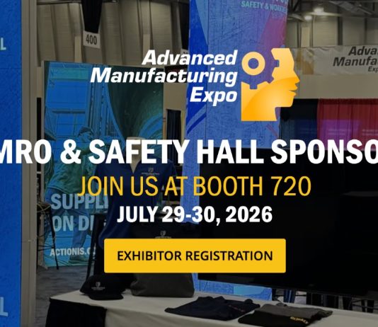 Action Industrial Supply at Michigan’s Advanced Manufacturing Expo Expo booth with banners for Advanced Manufacturing Expo, highlighting MRO & Safety Hall sponsorship, booth 720, event dates July 29-30, 2026, and an exhibitor registration button.