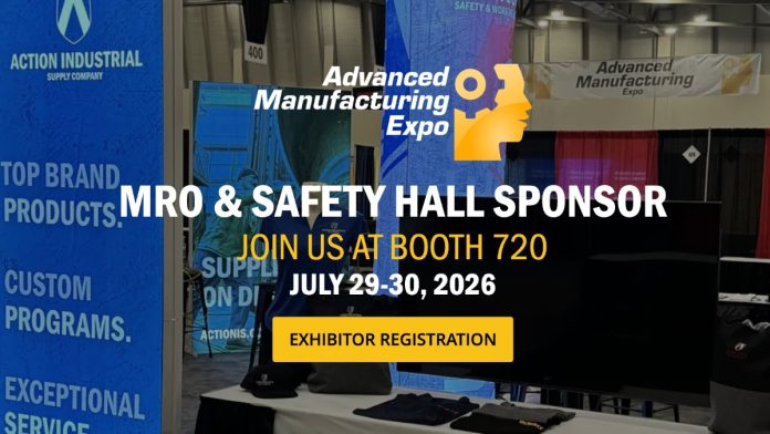 AME Blog Expo booth with banners for Advanced Manufacturing Expo, highlighting MRO & Safety Hall sponsorship, booth 720, event dates July 29-30, 2026, and an exhibitor registration button.